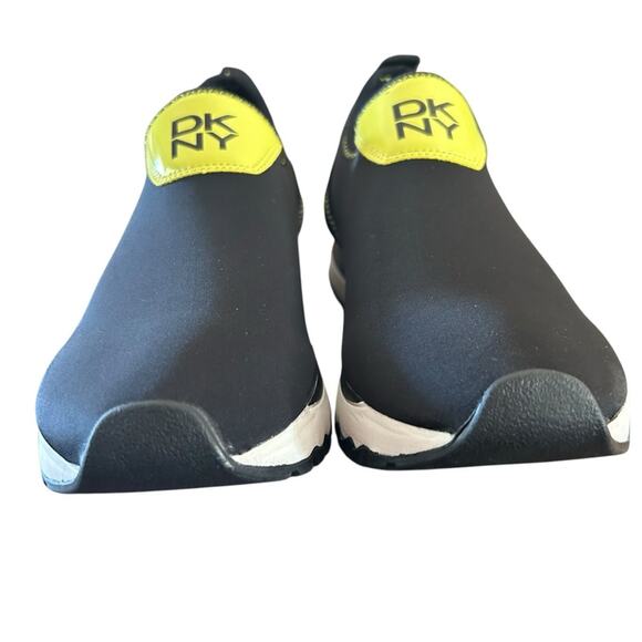 DKNY Jolie-Slip On Sneakers Neoprene Black Neon Yellow Logo NEW 6 - Picture 2 of 12